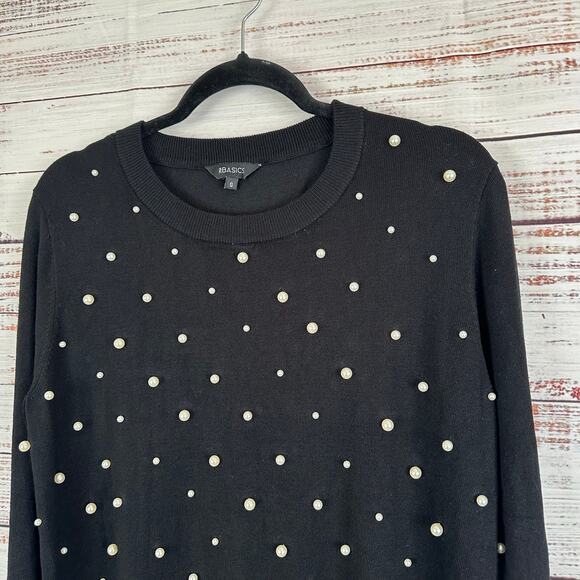Womens VSC Basics Black Pullover Sweater Cream Pearl Embellished Holiday Party L - Picture 2 of 6